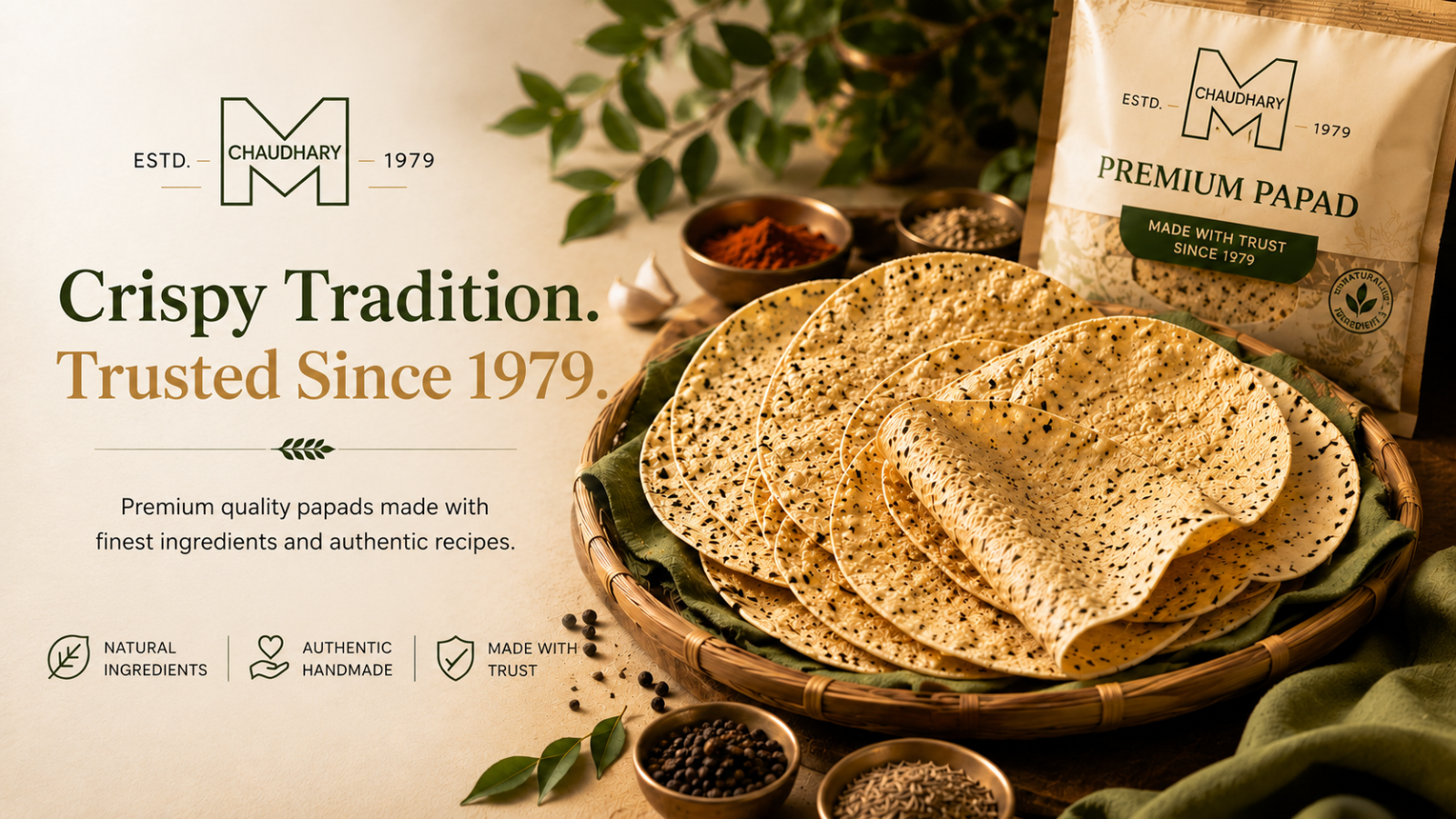 Crispy handmade premium papads with authentic ingredients, showcased in warm rustic packaging and traditional Indian styling.