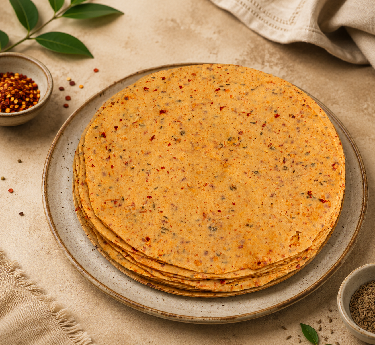 Stack of flatbreads on a plate with spices and herbs on a neutral background
